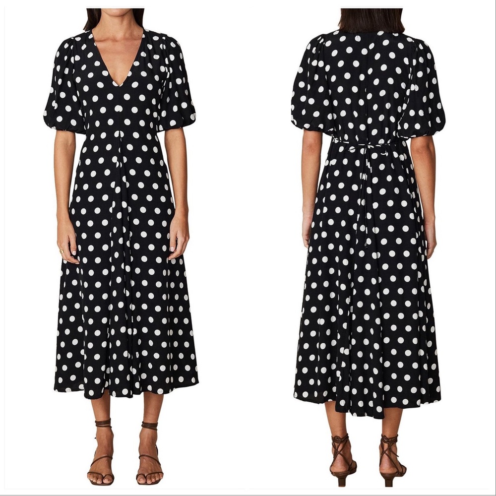 Faithfull the Brand Polka Dot Midi Dress XS Puff Sleeves, V-Neck, Black & White